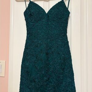 Faviana Teal Lace Mini Dress